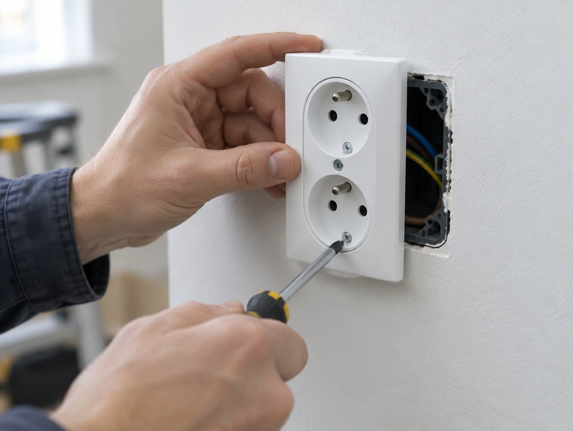 Mains câblant une prise électrique lors d'un dépannage