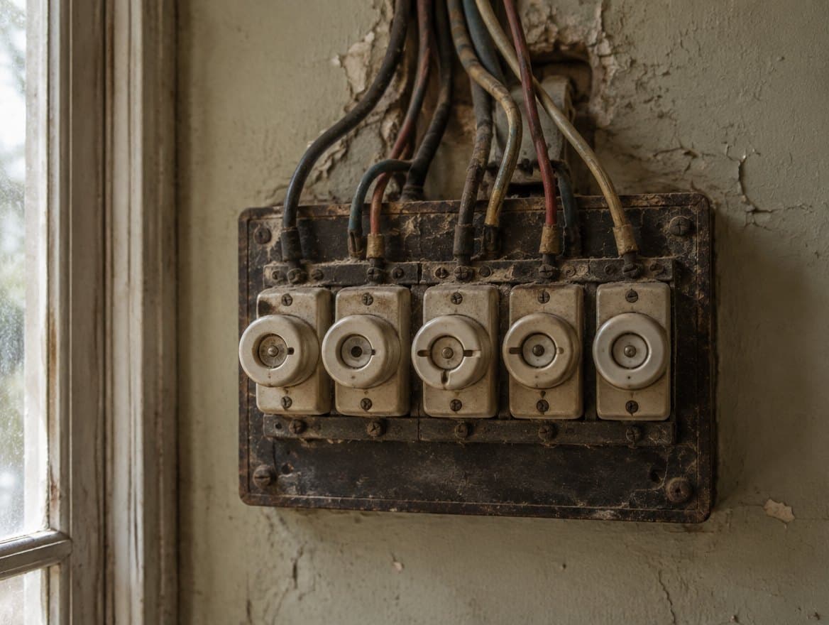 Ancien tableau électrique à fusibles dans un logement des années 1960